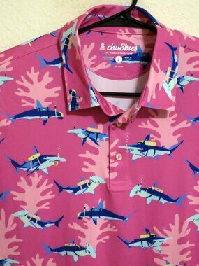 Chubbies Shirt Mens Large Short Sleeve Performance Polo Pink Blue Sharks
